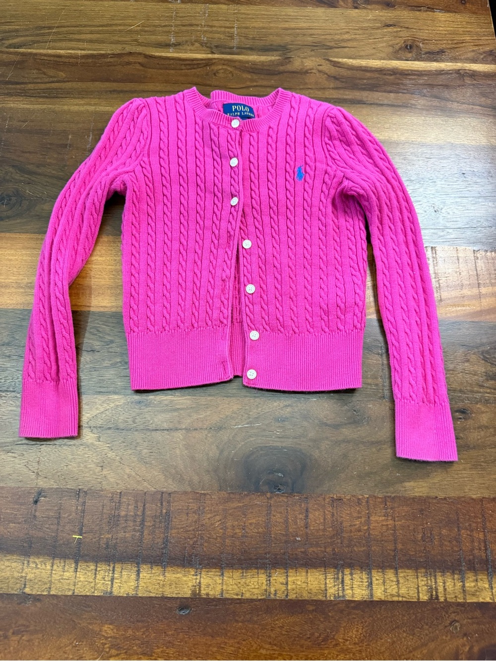 Polo Ralph Lauren Girls Size 6 Pink Cable Knit Cotton Cardigan Sweater Pony